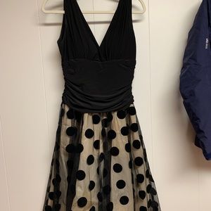 Brand: Onyx Nite, black and cream polka dot cocktail dress. Size 10
